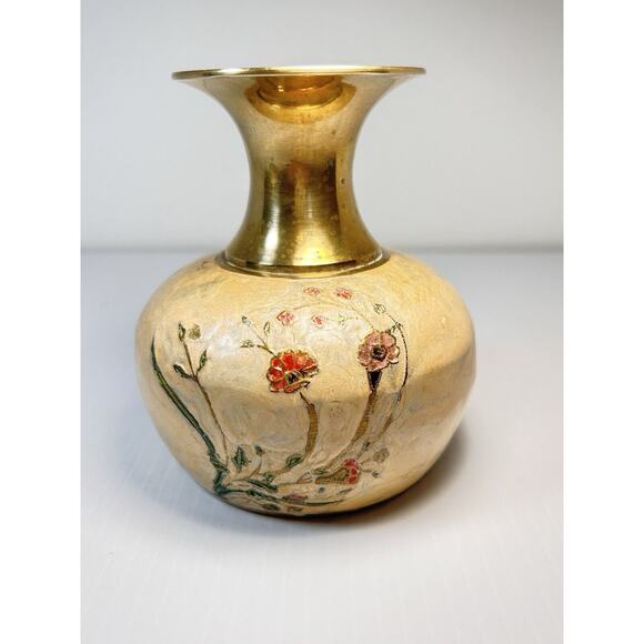 Solid Brass Enameled Cloisonne Vase Flowers 5" India Heavy - Picture 10 of 10